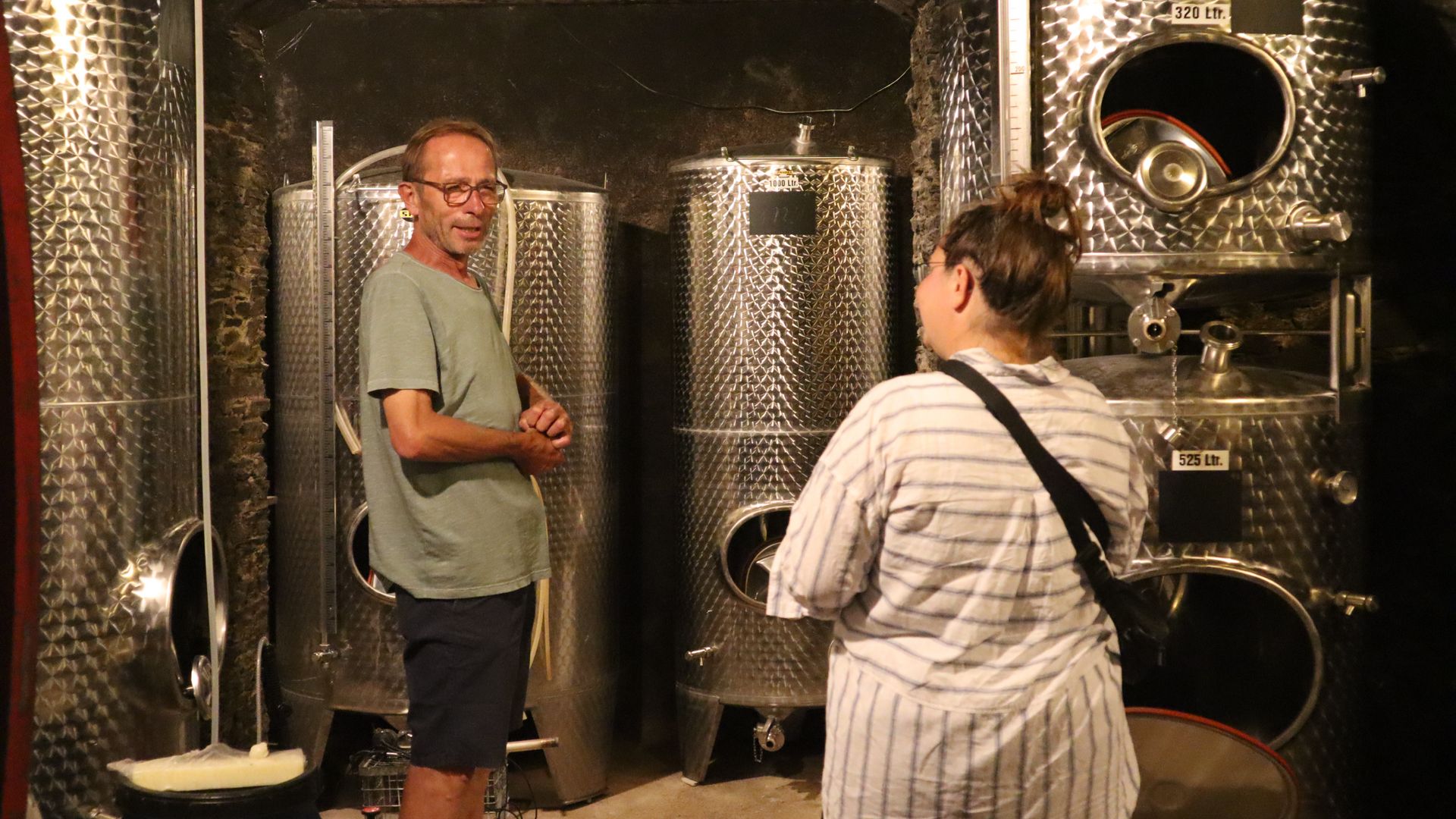 Wine tasting in the cellar Vintner Harald Steffens in his wine cellar
